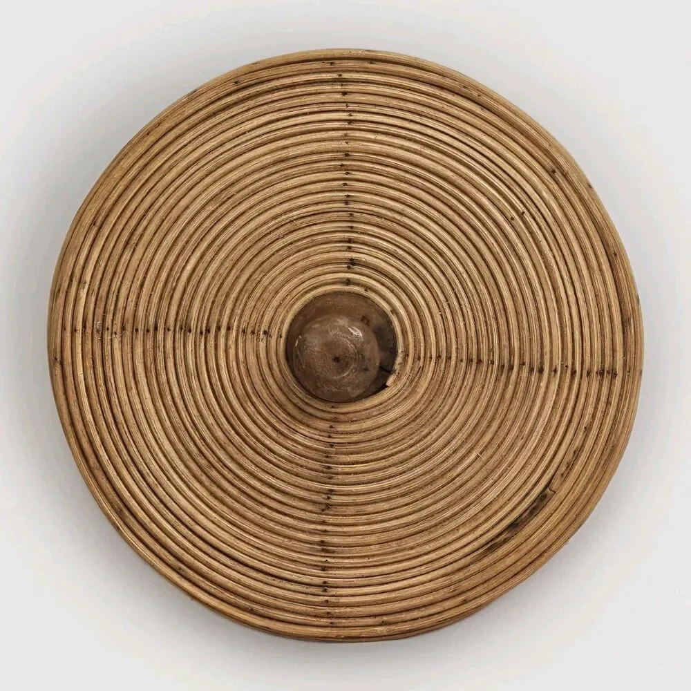 Vintage Coiled Rattan Wood Canister Lid Boho MCM Bamboo Bucket/Container
